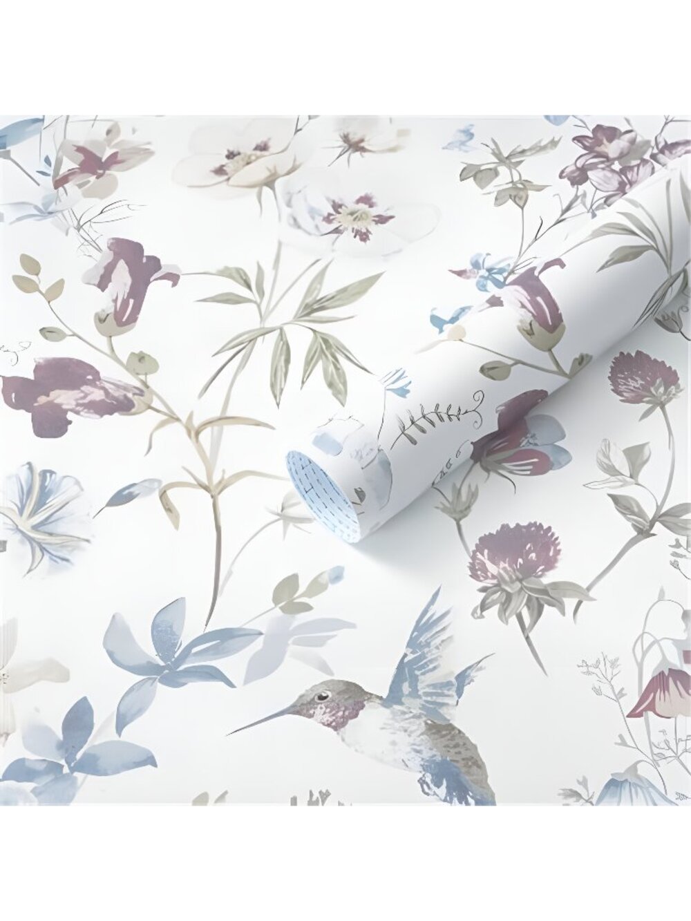 Floral Peel and Stick Wallpaper Blue and White Contact Paper Flower Hummingbird